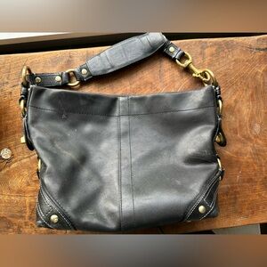Coach Carly Black Leather Women’s Shoulder purse with brass
